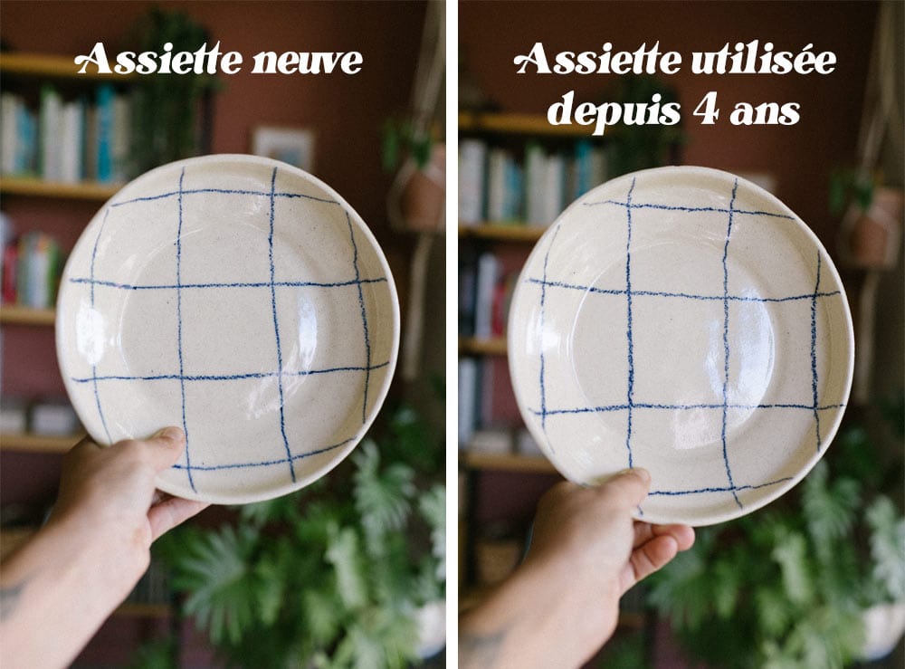 Vaisselle artisanale durable - exemple d'assiettes avant-après